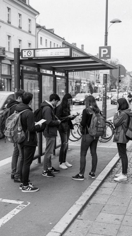Students with backpacks at a bus departure point in Kyiv
