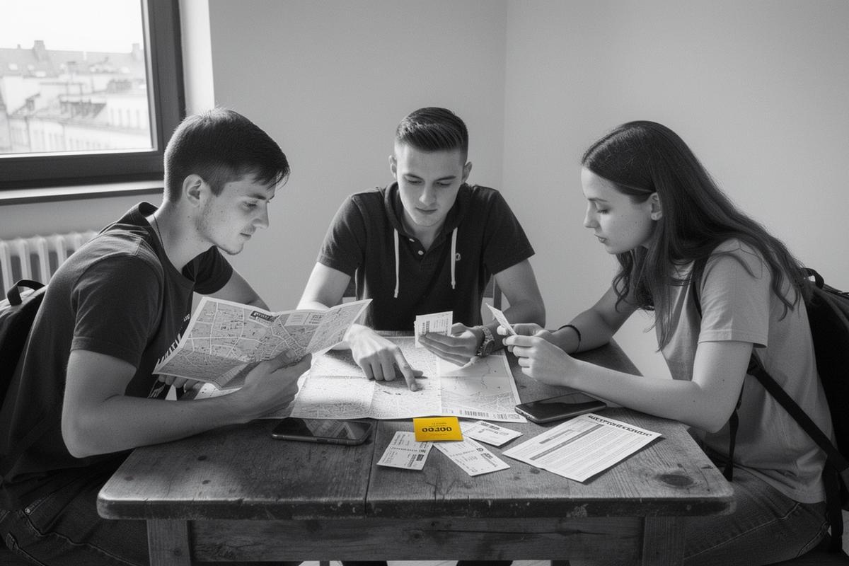 Students comparing maps and tickets at a hostel table in Krakow