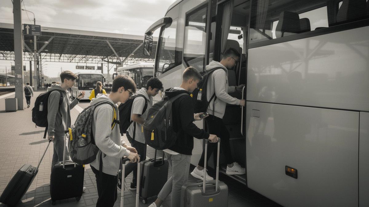 Students boarding a coach at Kyiv central station for a European trip