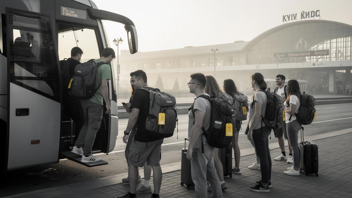 Students boarding a coach at Kyiv central station