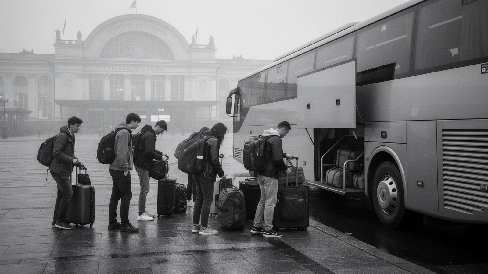 Students loading backpacks into a coach parked outside Kyiv central station