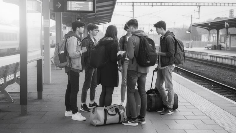 Students with backpacks on a station platform before a group departure