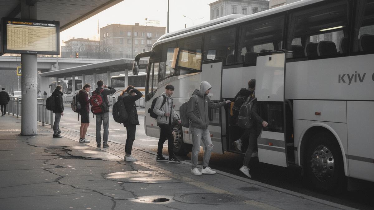 Students boarding a coach in Kyiv for a weekend trip