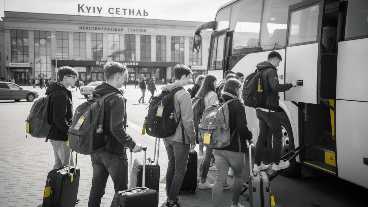 Students boarding a weekend tour bus at Kyiv central station